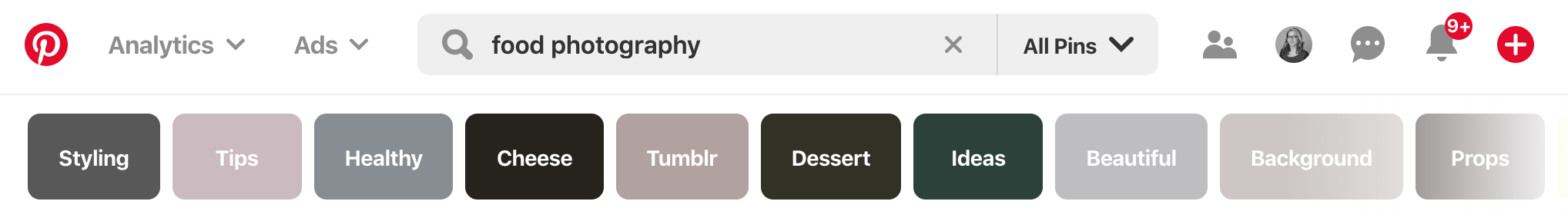 Pinterest suggestions of relevant terms for long-tail keywords for food photography