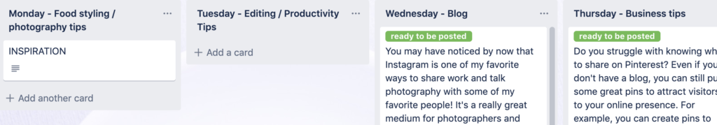 Screenshot of my content bucket system on Trello for my Instagram marketing content buckets