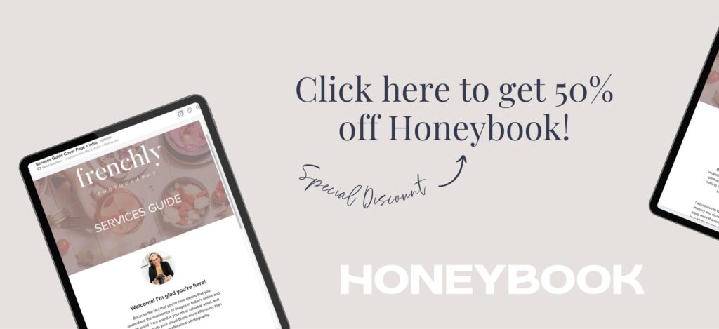 A banner to promote a special 50% discount on Honeybook for photographers.